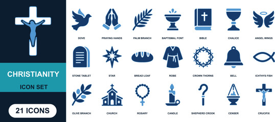 Fototapeta premium Christianity Icon Set: A collection of 21 diverse icons representing various symbols and elements associated with Christianity, presented in a clear and organized layout.