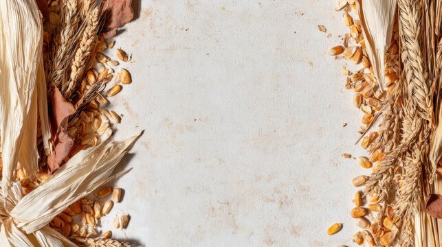 Dried corn husks, wheat and grain border framing white rustic background with copy space for seasonal design, harvest decor and autumn template use