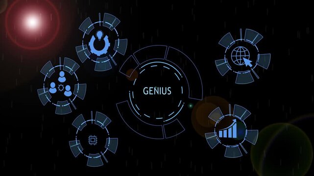 Futuristic digital interface featuring animated genius concept with hud global connectivity artificial intelligence neural networks, and corporate