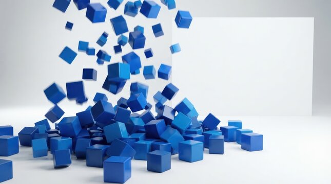 Abstract background with many falling blue cubes on a white floor.