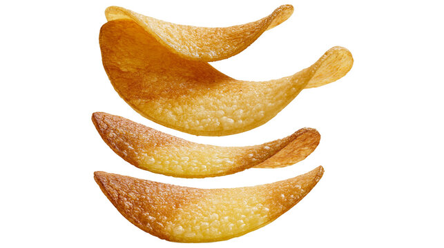 Isolated crispy golden potato chips stacked and falling, delicious crunchy snack food