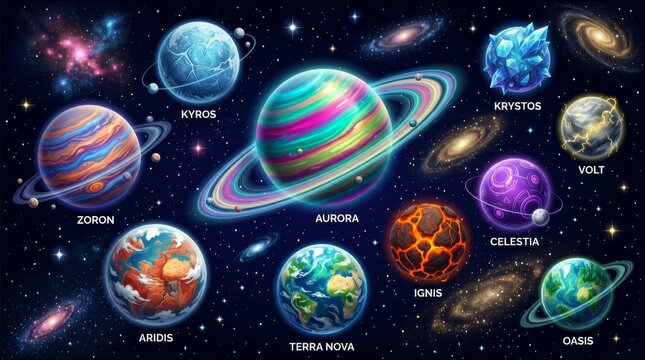 Vibrant Celestial Bodies in Cosmic Expanse: A collection of uniquely designed planets and galaxies, rendered in a dazzling array of colors and textures.