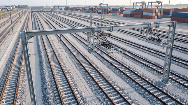 Elevated industrial freight yard with multiple railway tracks and shipping containers