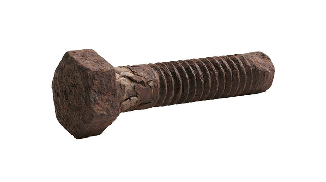Isolated very old and heavily corroded industrial metal hex head bolt with deep rust texture.