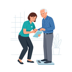 Obraz premium Healthcare professional assisting senior man with weight measurement for health check-up, vector illustration