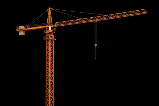 Orange crane towers against black void. Metal frame gleams under artificial light. Cable extends, lifting heavy load. Industrial power dominates the scene. Ideal for construction, engineering