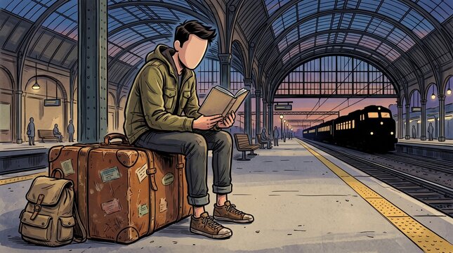 Faceless cartoon male traveler sitting on a large suitcase at a train station, waiting for departure with travel book, transportation and vacation concept illustration