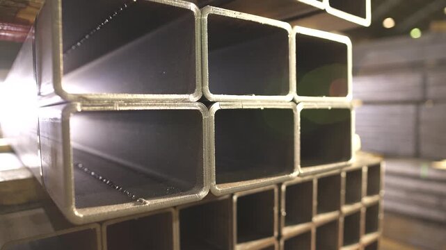 Stack of square steel tubes in a warehouse, metal structural profiles for construction and industry.