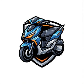 Dynamic Blue Scooter Logo Design with Shield Emblem.