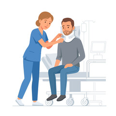 Fototapeta premium Nurse Adjusting Neck Brace on Patient Sitting on Hospital Bed, Medical Care and Recovery Concept