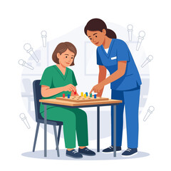Obraz premium Nurse playing board game with patient for therapy, promoting cognitive and motor skills in healthcare setting