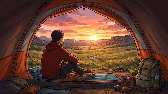 Faceless cartoon male traveler looking from a dome tent across a grassy meadow at sunset, peaceful camping and outdoor adventure illustration with distant hills