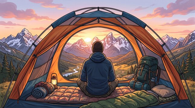 Faceless cartoon male hiker looking out from a camping tent toward mountain peaks at sunrise, peaceful outdoor adventure and wilderness travel illustration