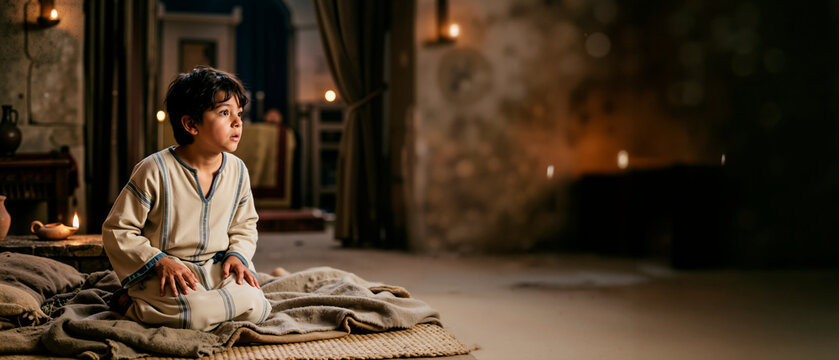 Young boy Samuel waking suddenly in the temple after hearing a divine call. Biblical story of the young prophet listening to God at night. Ancient interior with copy space