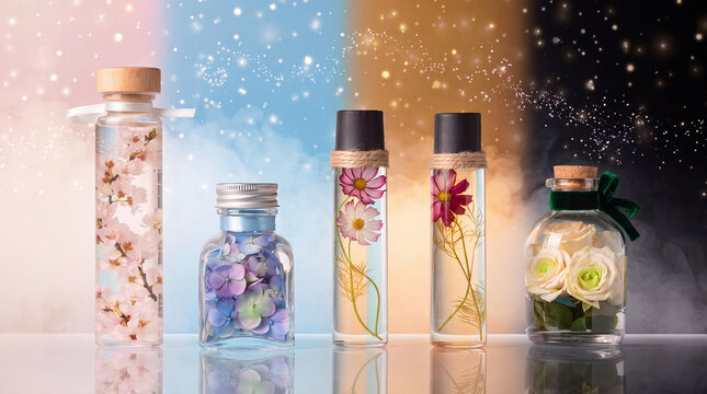 Five glass bottles containing colorful flowers submerged in liquid against a magical starry glowing background with smoke and reflection