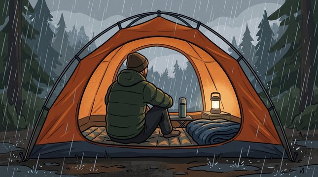Faceless cartoon male camper watching rain from inside a tent, cozy outdoor shelter with sleeping bag and thermos, peaceful camping lifestyle illustration