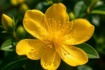 Fototapeta premium Vibrant yellow flower blooms with delicate petals. Center holds fine, golden stamens. Green leaves frame the blossom softly. Sunlight glows through the petals' curves