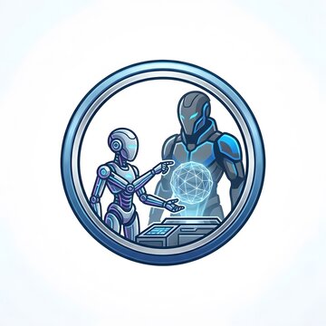 Robots Interacting with Holographic Globe in Futuristic Circular Frame.