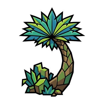 Stylized Geometric Palm Tree with Green Foliage and Rocks.