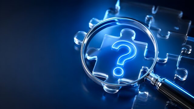 Glowing blue question mark on a transparent glass puzzle piece under a magnifying glass representing digital investigation and deep analysis