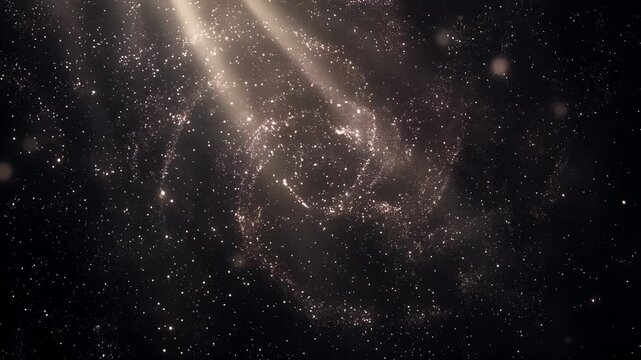 Sparkling silver dust particles floating in deep black void