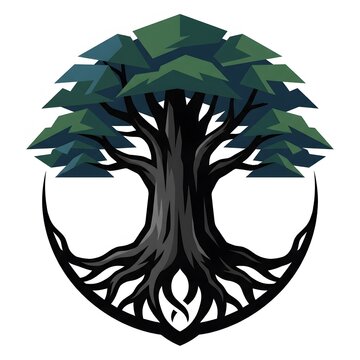 Stylized Tree of Life with Roots Forming a Crescent Moon Shape.