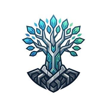 Stylized Yggdrasil Tree of Life with Intricate Roots and Glowing Leaves.
