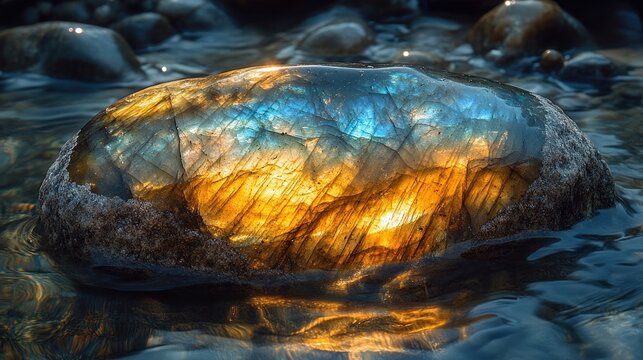 Stunning Raw Labradorite Gemstone Glowing in Water.