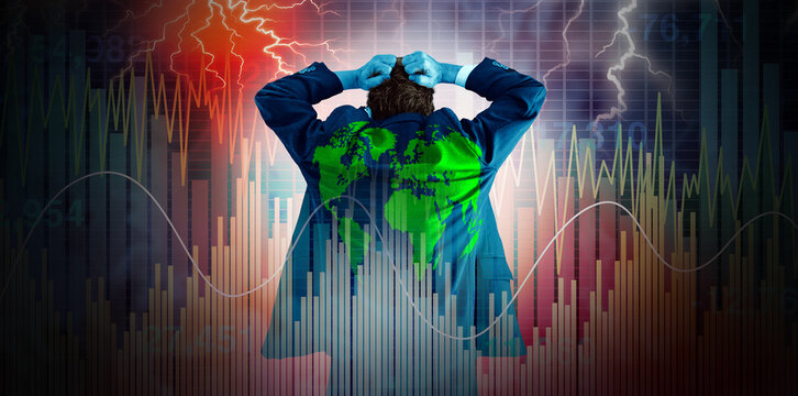 Global Stock Market Panic as an investor or politician in financial stress as the economy is crashing and selling or shorting stocks as an economic world crisis with inflation and a recession