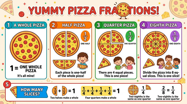 Colorful Educational Pizza Fractions Poster for Kids Math Learning