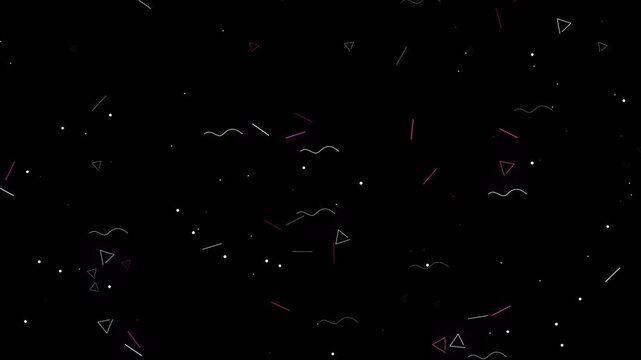A black surface features floating abstract geometric shapes including white lines, pink dashes, triangles, and squiggly lines scattered across the frame.