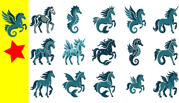 Collection of sixteen fantasy seahorse horse illustrations featuring winged skeleton unicorn crowned starry ornamental colorful designs on white background with yellow banner and red star