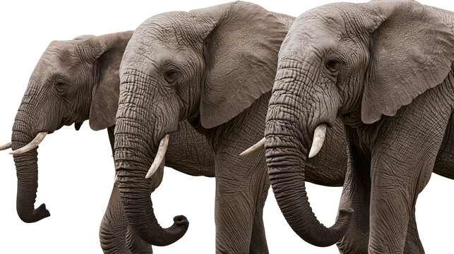 Isolated majestic group of three African elephants walking in profile with powerful presence