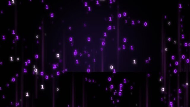 Binary code made of falling zeros and ones glowing in purple on a dark, abstract vertical stream, suggesting data processing or information flow.
