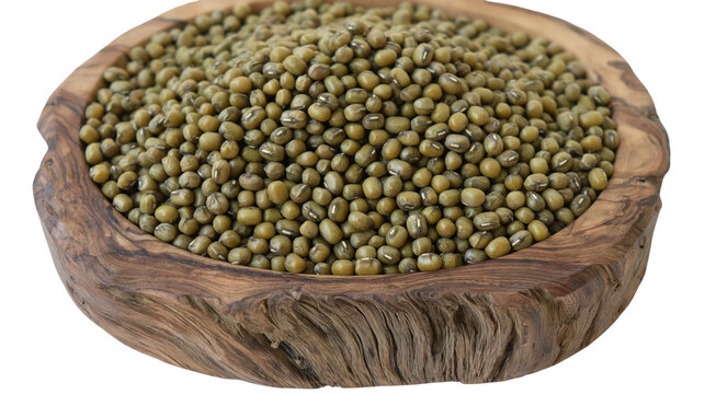 Isolated Mung beans in rustic wooden bowl, natural organic healthy nutritious food ingredient