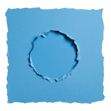 A square of blue paper with rough torn edges and a circular hole in the center revealing a solid blue background behind it isolated on transparent background