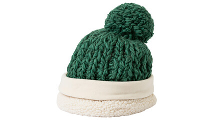 Isolated green knitted winter hat with pompom and cream sherpa lining, cozy warm accessory © Conor