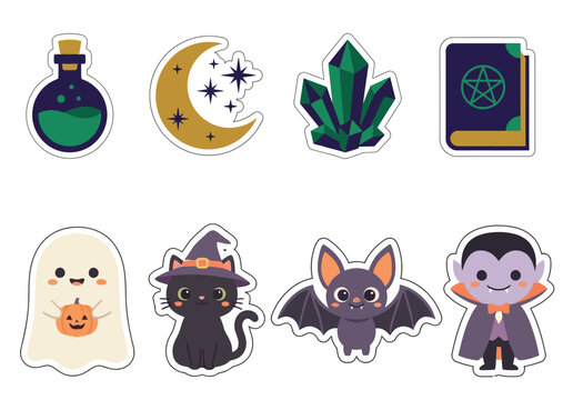 Cute kawaii Halloween vector sticker collection featuring a ghost, vampire, black cat, bat, potion, magic crystals, spell book, and crescent moon on a white background
