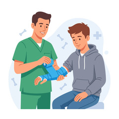 Fototapeta premium Doctor Applying Cast to Patient's Broken Arm, Medical Illustration