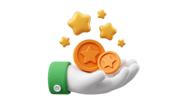 Cartoon hand holding golden loyalty coins under floating shiny stars for loyalty bonus point, reward referral system, and financial cash back.