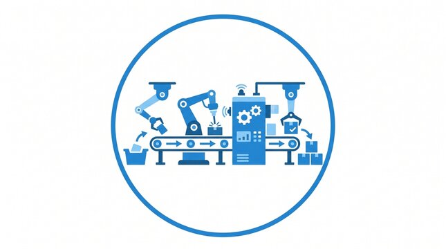 Automated manufacturing line icon with robotic arms and conveyor belt