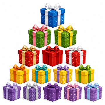 Festive colorful present boxes arranged in a pyramid shape featuring various vibrant patterns and shiny satin ribbons isolated on a clean white background for holiday celebrations and special gift occ