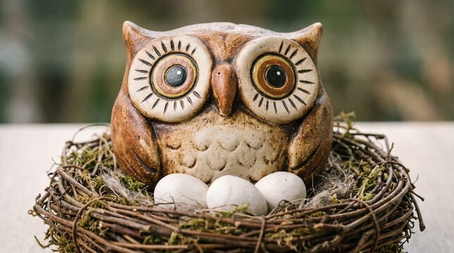 Ceramic owl figurine with speckled eggs rests in a woven nest