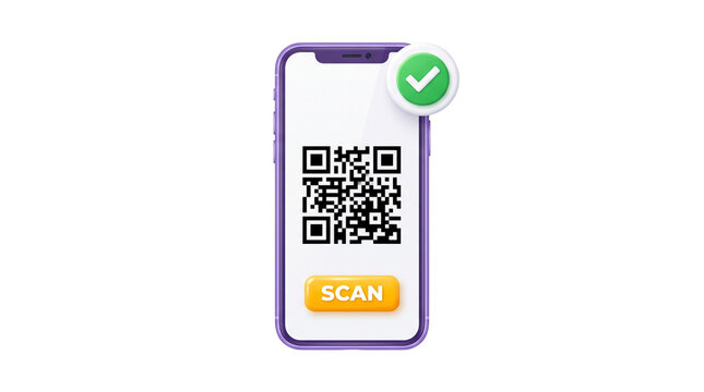Smartphone displaying qr code scanner with green checkmark confirmation button suits digital payment mobile authentication and identification apps.