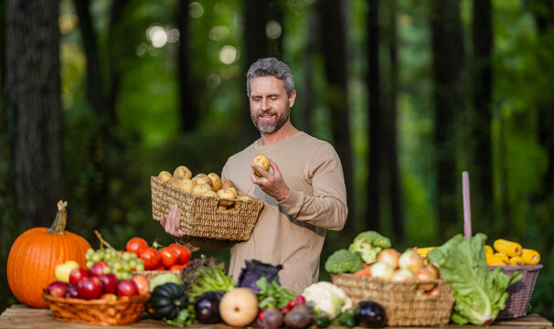 Greengrocer man outdoor. Greengrocer harvesting potato. Autumn vegetable harvest. Good quality. Farmer food market. Man farmer with potato vegetable harvest. Organic food and eco farming