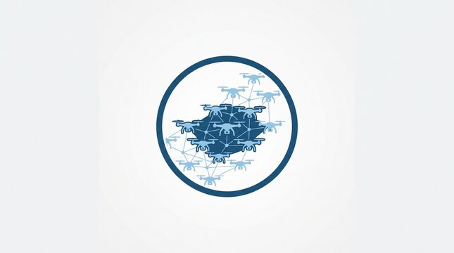 Drone swarm icon with connecting lines circular blue design