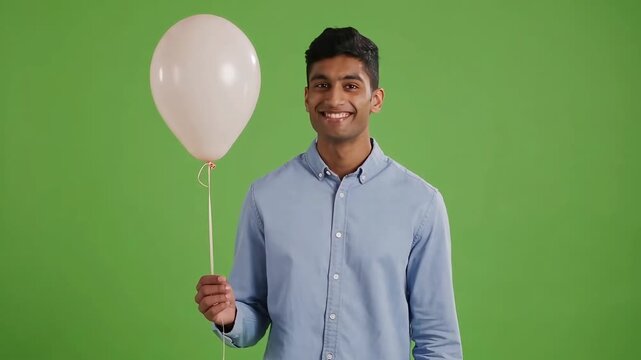 Young South Asian man holding a single white balloon against a green screen background
