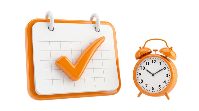 Orange calendar with check mark and alarm clock for scheduling appointments and time management, ideal for planning and deadlines.
