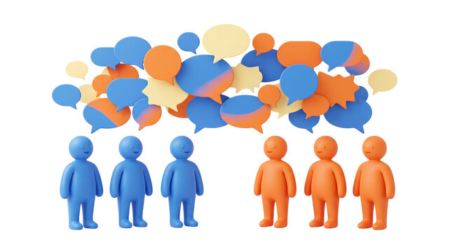 People characters with colorful speech bubbles representing social media communication community interaction discussion networking and public dialogue.