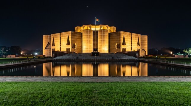 Illuminated Jatiya Sangsad Bhaban the parliament building of Bangladesh at night
